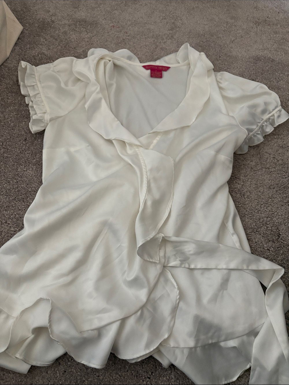 Sunny Leigh White Satin Ruffled Wrap Blouse